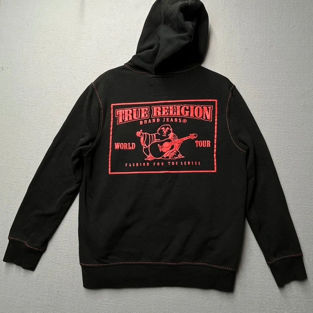 True Religion Mens World Tour Zip Hoodie Black Red Contrast Stitch Large Buddha